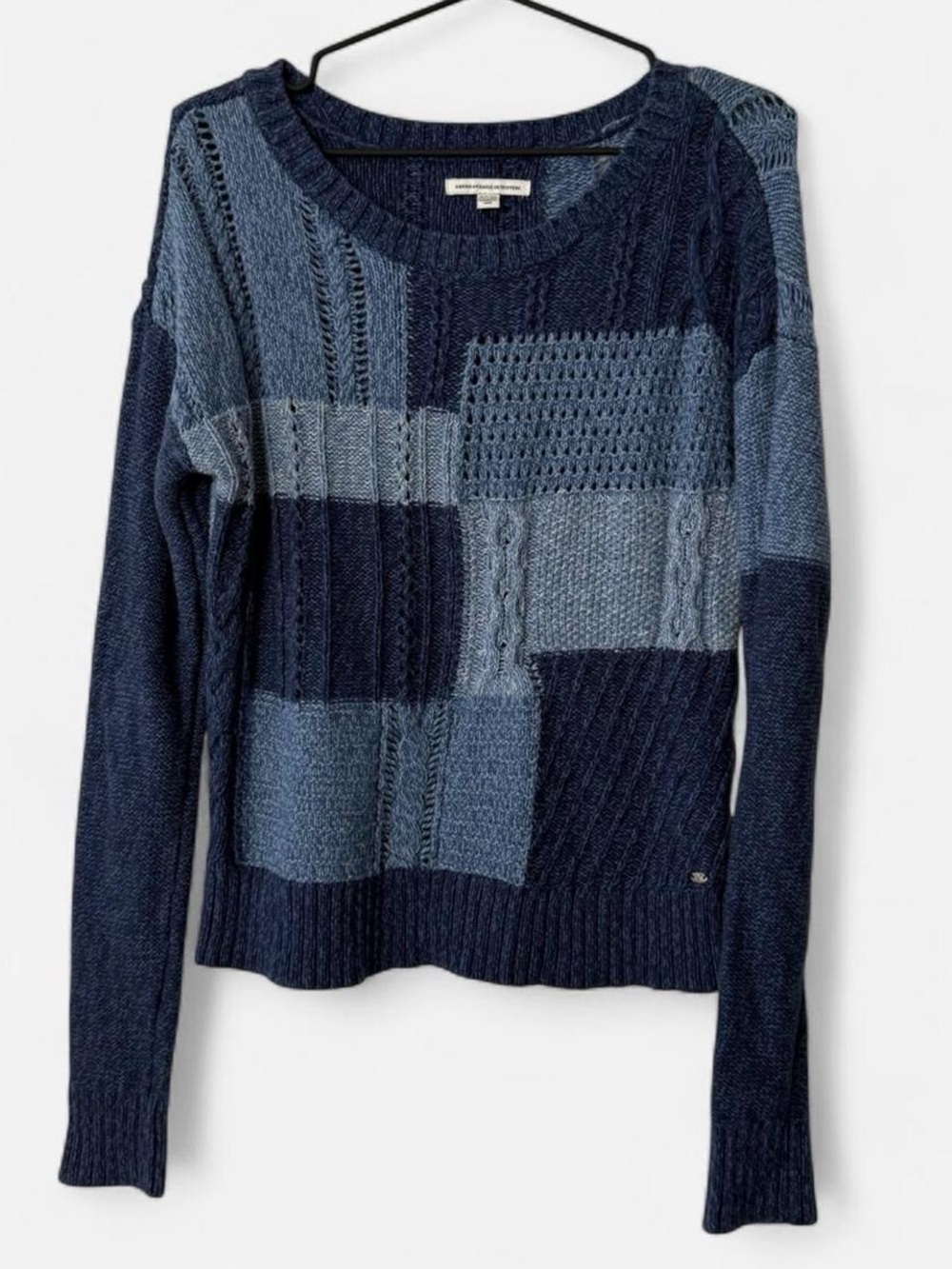 Cozy Fall American Eagle Outfitters Patchwork Knit Cable Crew Sweater - Blue